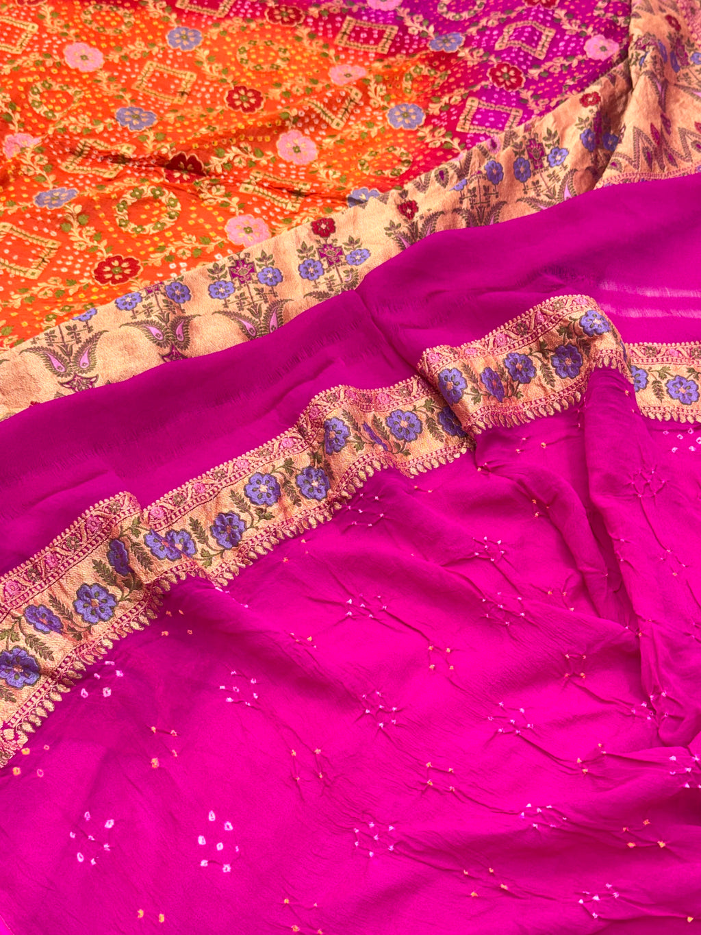 Orange Pure Chiffon Khaddi Georgette Bandhej Handwoven Saree