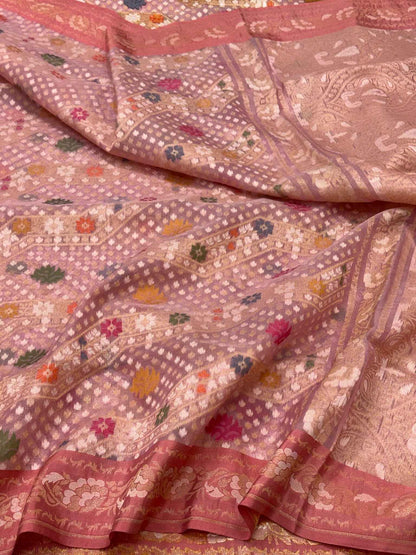 Mauve Pink Pure Mulberry Kora Silk ( Organza ) Handloom Ektara Jamdani Banarasi Saree