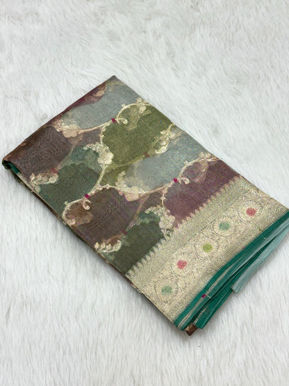 Green Pure Mulberry Tissue Silk Handloom Banarasi Saree |Ektara Weave|