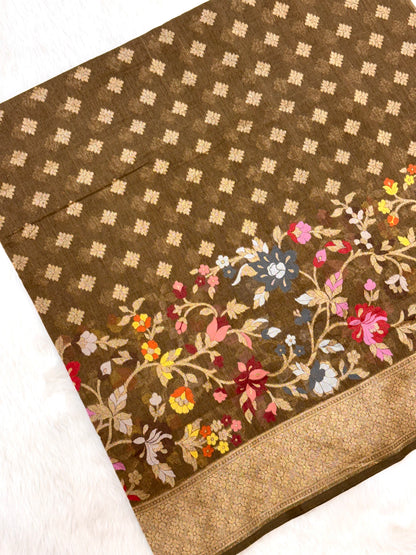 Brown Pure Muslin Cotton Jamdani handloom Banarasi Saree |Ektara Weave|