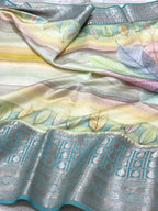 Sea Green Pure Mulberry Chiniya Silk Lightweight Contemporary Saree - Multicolours