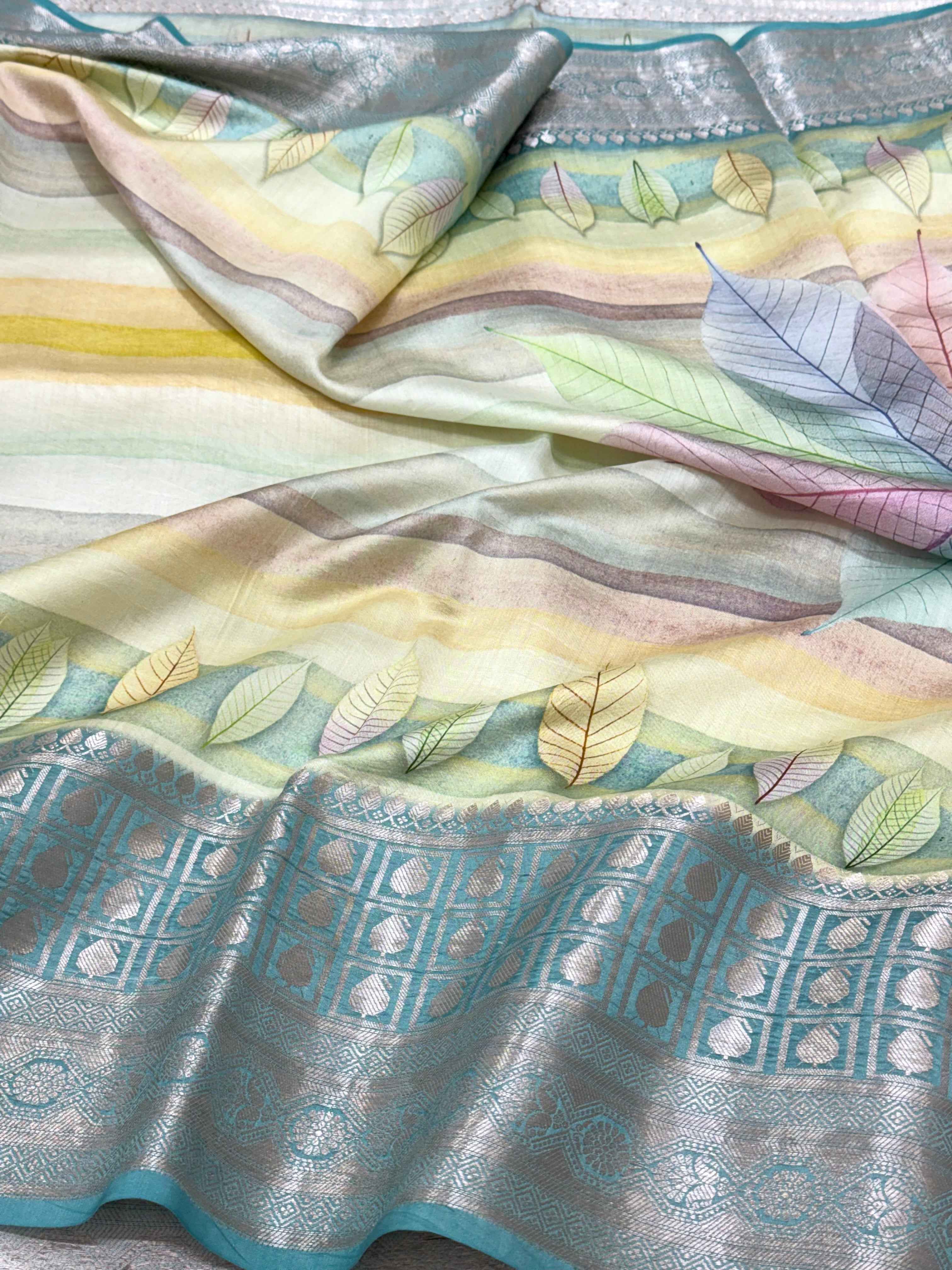 Sea Green Pure Mulberry Chiniya Silk Lightweight Contemporary Saree - Multicolours