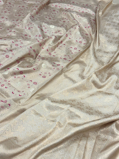 Ivory Pure Katan Silk Handloom Brocade Banarasi Saree