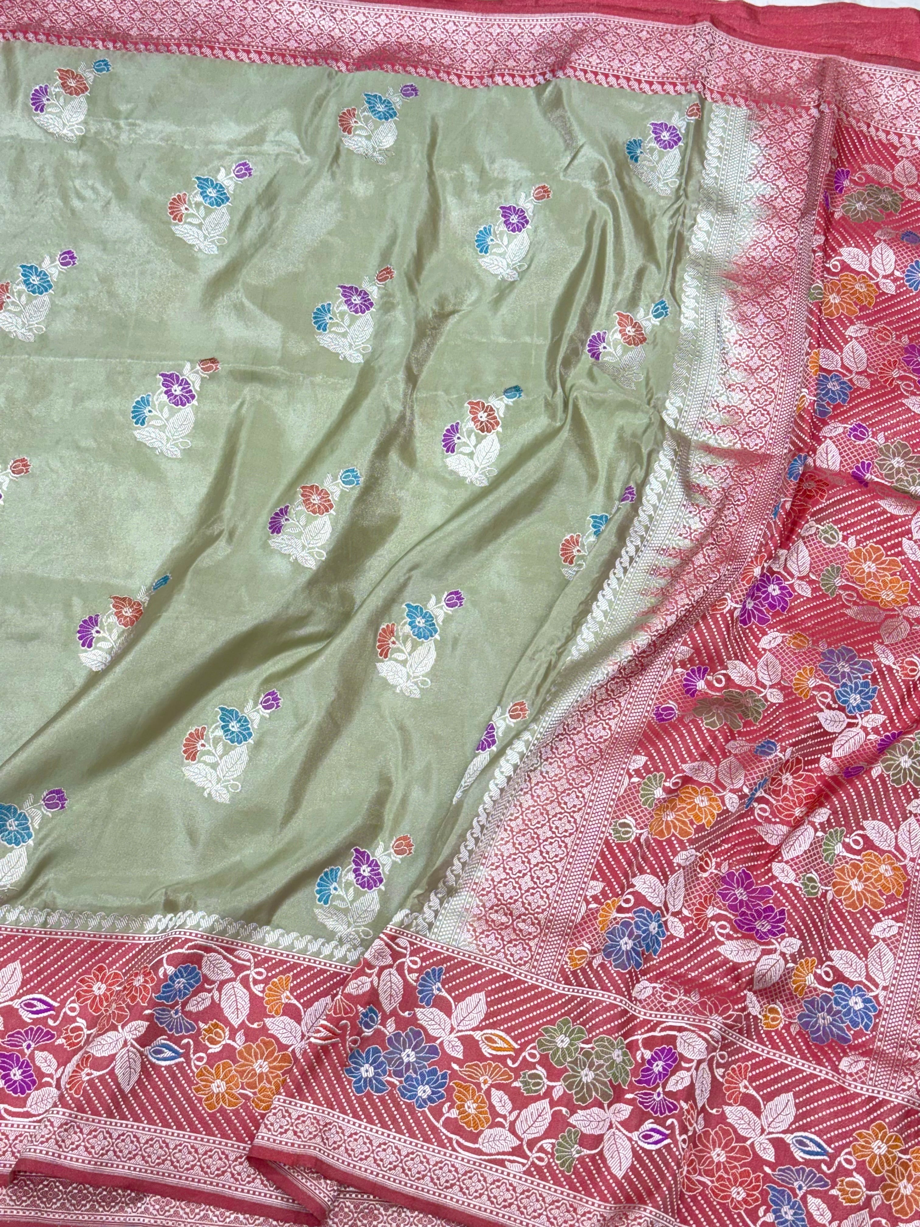 Tea Green Pure Double Katan Tissue Silk Handwoven Banarasi Saree