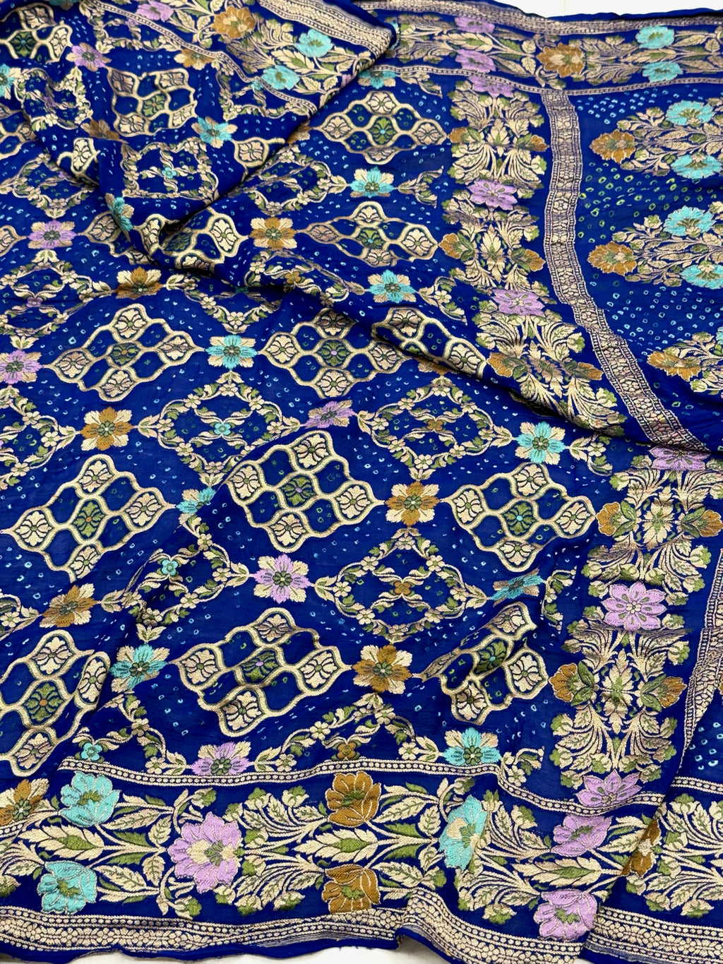 Blue Pure Chiffon Khaddi Georgette Banarasi Bandhej Handwoven Saree