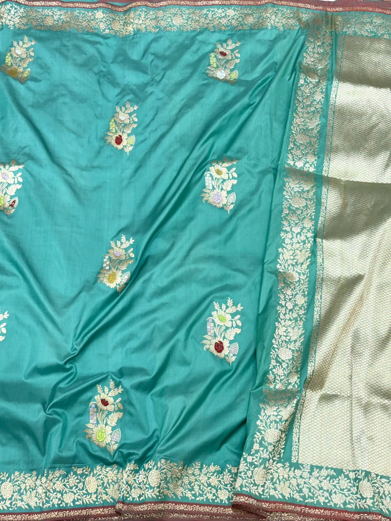 Sea Green Pure Katan Mulberry Silk Handwoven Banarasi Saree - Kadhwa Technique