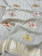 Ivory Pure Tussar Georgette Handwoven Banarasi Saree