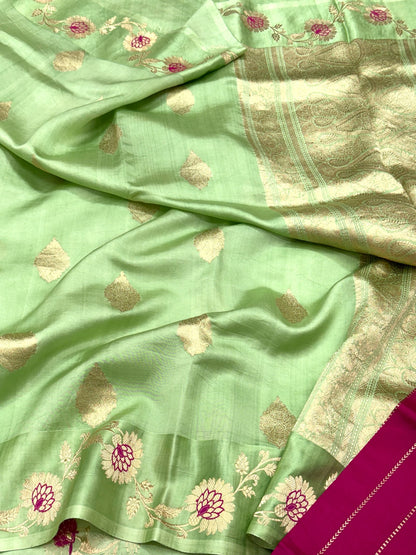 Pista Green Pure Raw Mango Silk | Kadhwa Weave | Handwoven Modern Banarasi Saree