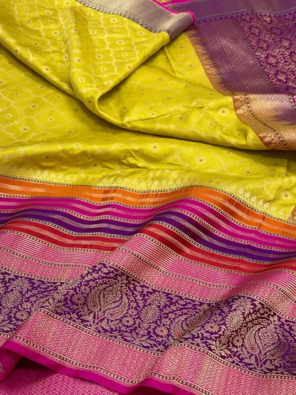 Lemon Yellow Exclusive Banarasi Contemporary Saree | Pure Katan Silk & Pure Mulberry Silk Handwoven Ektara Banarasi Saree