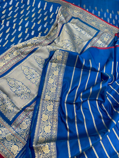German Blue Pure Katan Silk Handwoven Saree