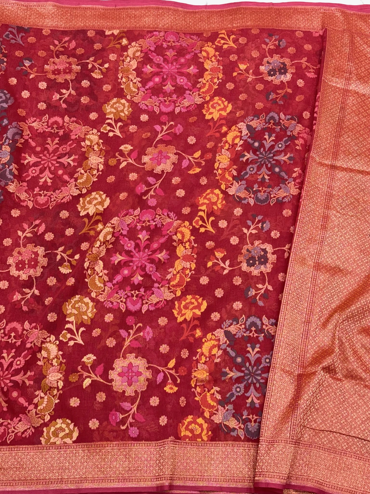 Maroon Pure Muslin Cotton Handloom Banarasi Saree with Ektara + Jamdani Weave