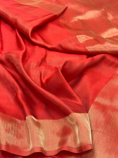 Red Pure Silk Handwoven Double Silk Tissue Contemporary Banarasi Saree