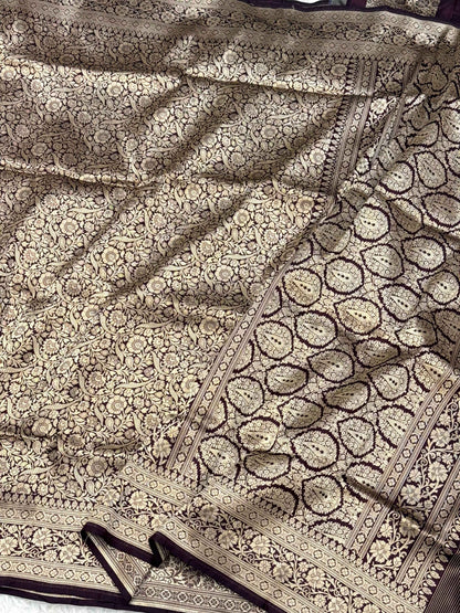 Orange Pure Mulberry Katan Silk Handloom Banarasi Saree |Kimkhaab-Brocade|