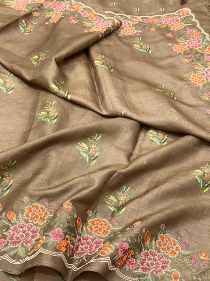 Chiku Brown Pure Tussar Silk Handloom Printed with Embroidery Banarasi Saree - Soft Lightweight Banarasi Saree
