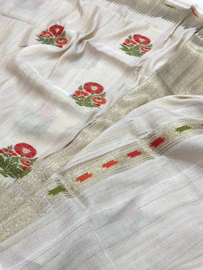 Ivory Pure Tussar Georgette Handwoven Banarasi Silk Saree