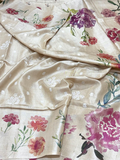 Ivory Pure Tussar Silk Handloom Printed with Embroidery Banarasi Saree