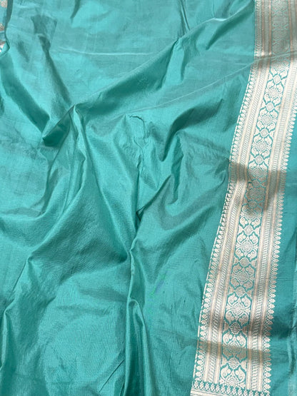 Sea Green Pure Katan Mulberry Silk Handloom Banarasi Meenakari Saree - Modern Jaal