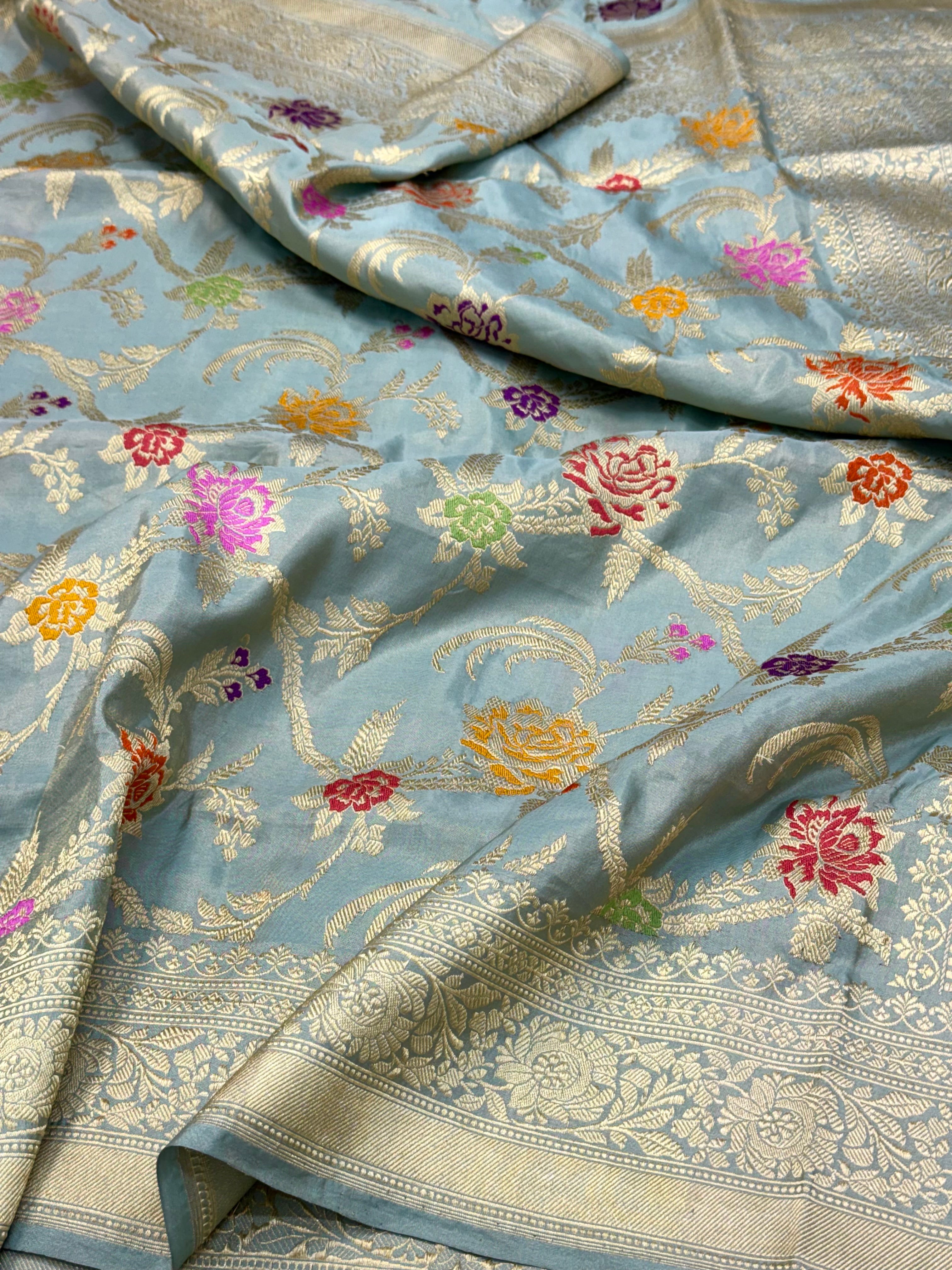 Turqoise Blue Pure Double Katan Tissue Silk Handwoven Banarasi Saree