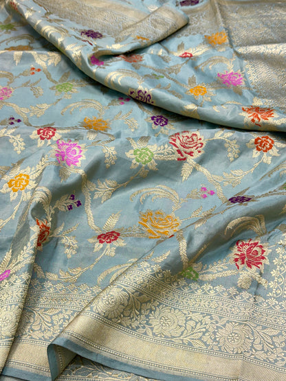Turqoise Blue Pure Double Katan Tissue Silk Handwoven Banarasi Saree