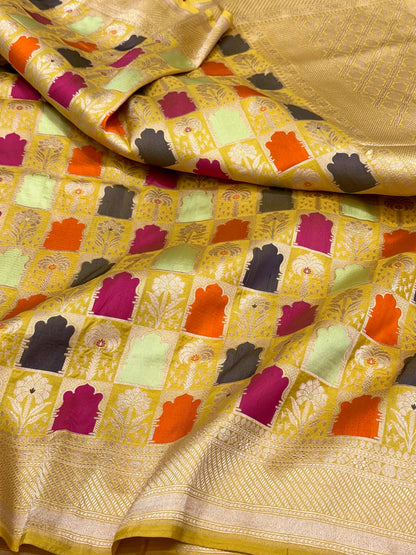Mustard Yellow Pure Mulberry Silk & Pure Katan Silk Handloom Banarasi Saree - Rangkaat