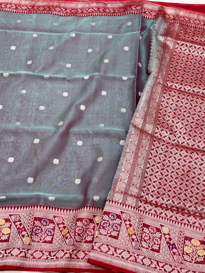Iron Gray/Dual Tone Pure Mulberry Kora Silk Handowoven Kadhwa Ektara Banarasi Saree - Modern Lightweight Saree