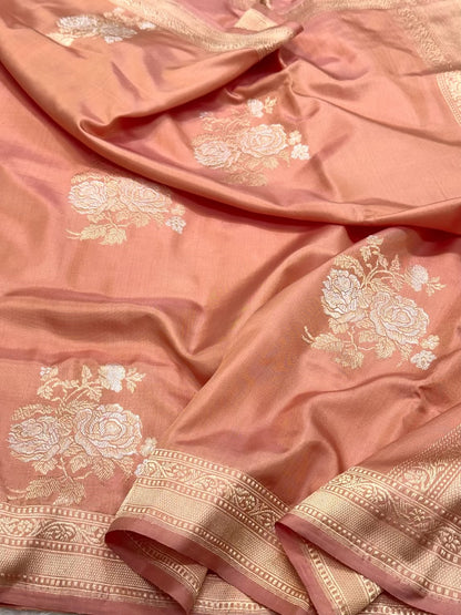 Peach Pure Mulberry Silk Saree | Kadhwa + Ektara Technique | Pure Katan Silk Handwoven Banarasi Saree
