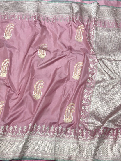 Baby Pink Pure Katan Mulberry Silk Handwoven Banarasi Saree | Kadhwa Ektara Weave |