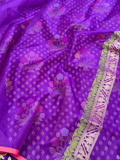 Purple Banarasi Ektara Jamdani Saree | Pure Kora Mulberry Silk Modern Handloom Lightweight Saree
