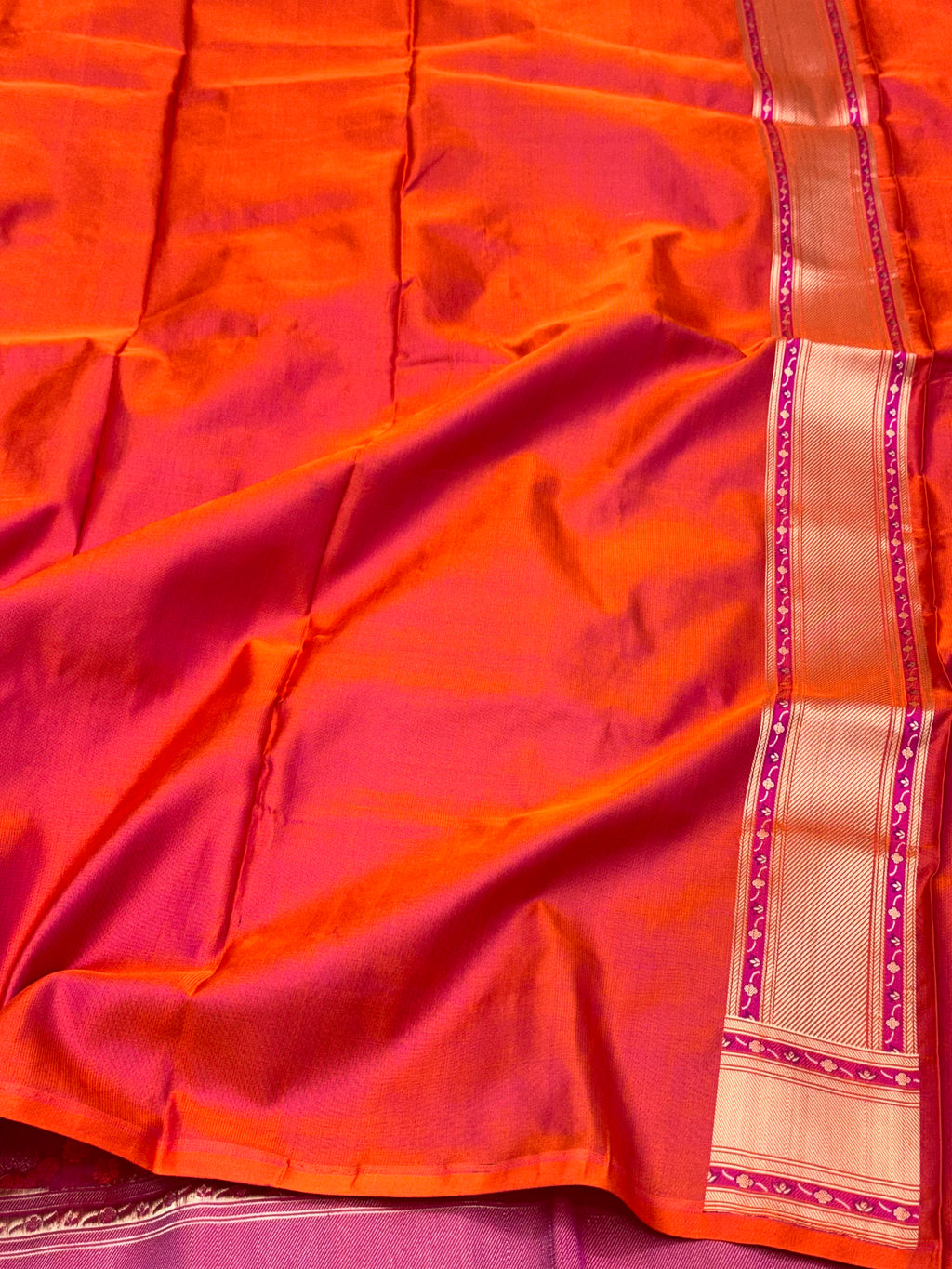 Reddish Orange Pure Mashru Satin Silk Handwoven Banarasi Saree- Tanchoi