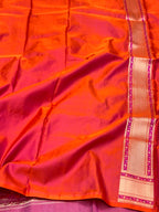 Reddish Orange Pure Mashru Satin Silk Handwoven Banarasi Saree- Tanchoi