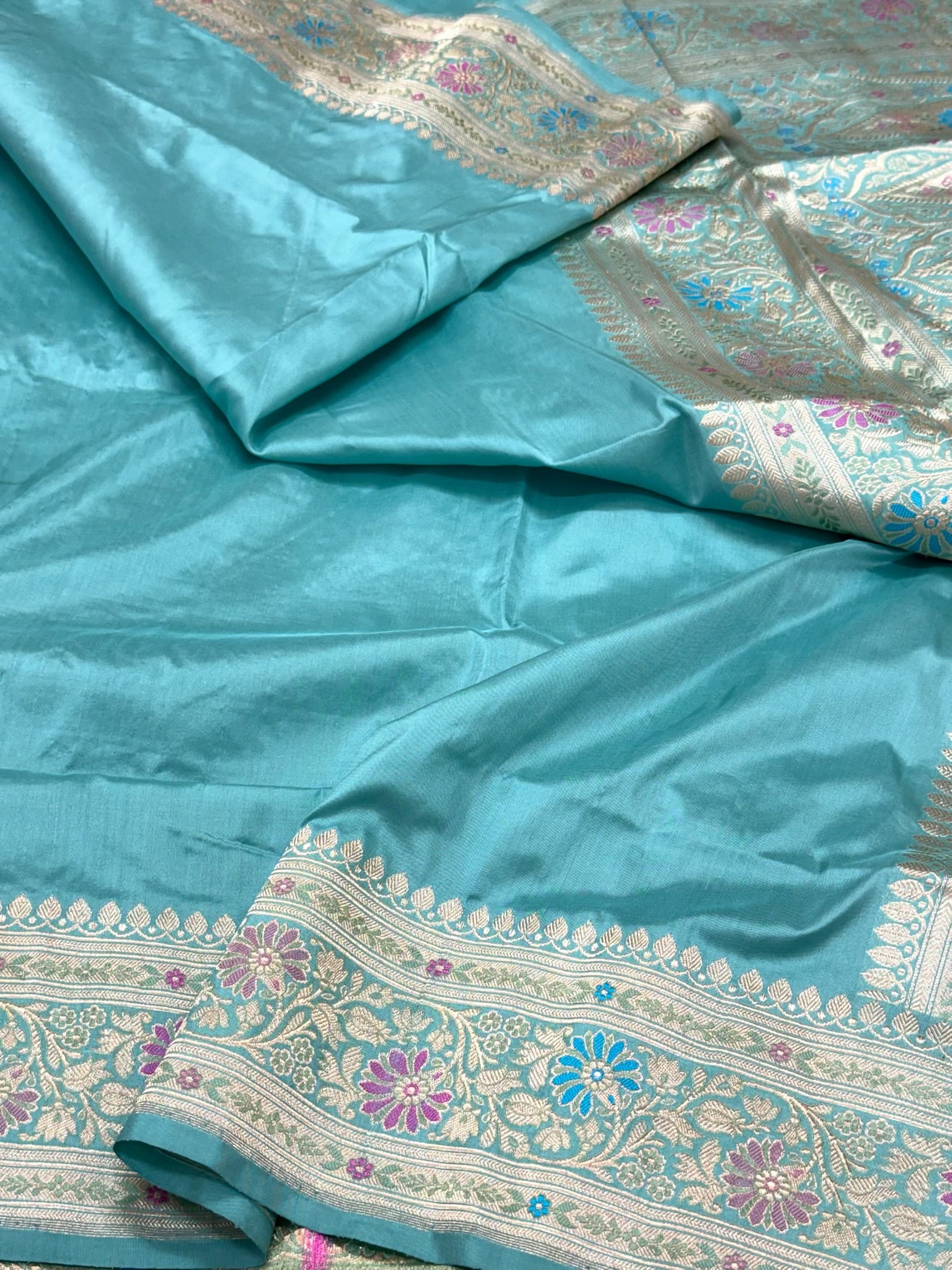Aqua Blue Pure Mulberry Katan Silk Handwoven Banarasi Saree