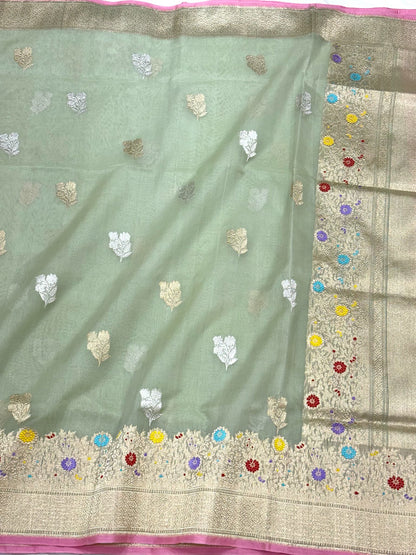 Sage Green Authentic Banarasi Saree - Pure Kora Mulberry Silk | Kadhwa Technique | Handwoven Banarasi Saree