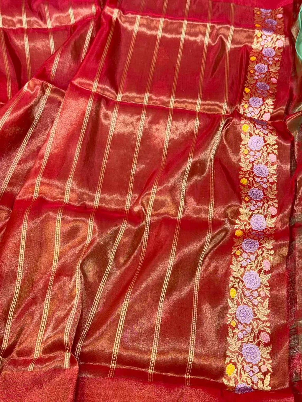 Sea Green Pure Kora Tissue Silk Handwoven Banarasi Silk Saree | Katan Silk Border & Blouse