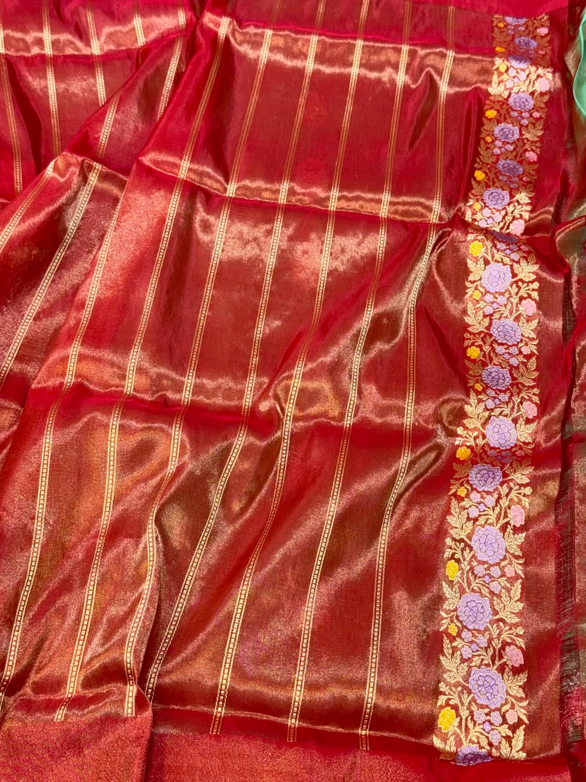 Sea Green Pure Kora Tissue Silk Handwoven Banarasi Silk Saree | Katan Silk Border & Blouse