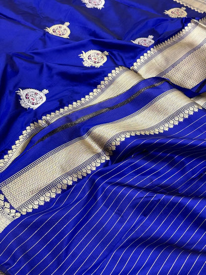 Royal Blue Pure Mulberry Katan Silk Handwoven Banarasi Saree
