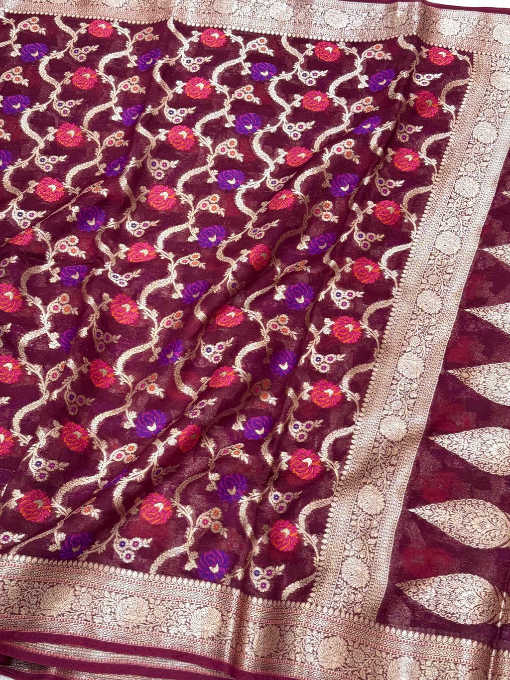 Wine Pure Kora Organza Silk Meenakari Banarasi Saree- Lightweight