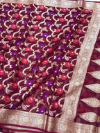 Wine Pure Kora Organza Silk Meenakari Banarasi Saree- Lightweight