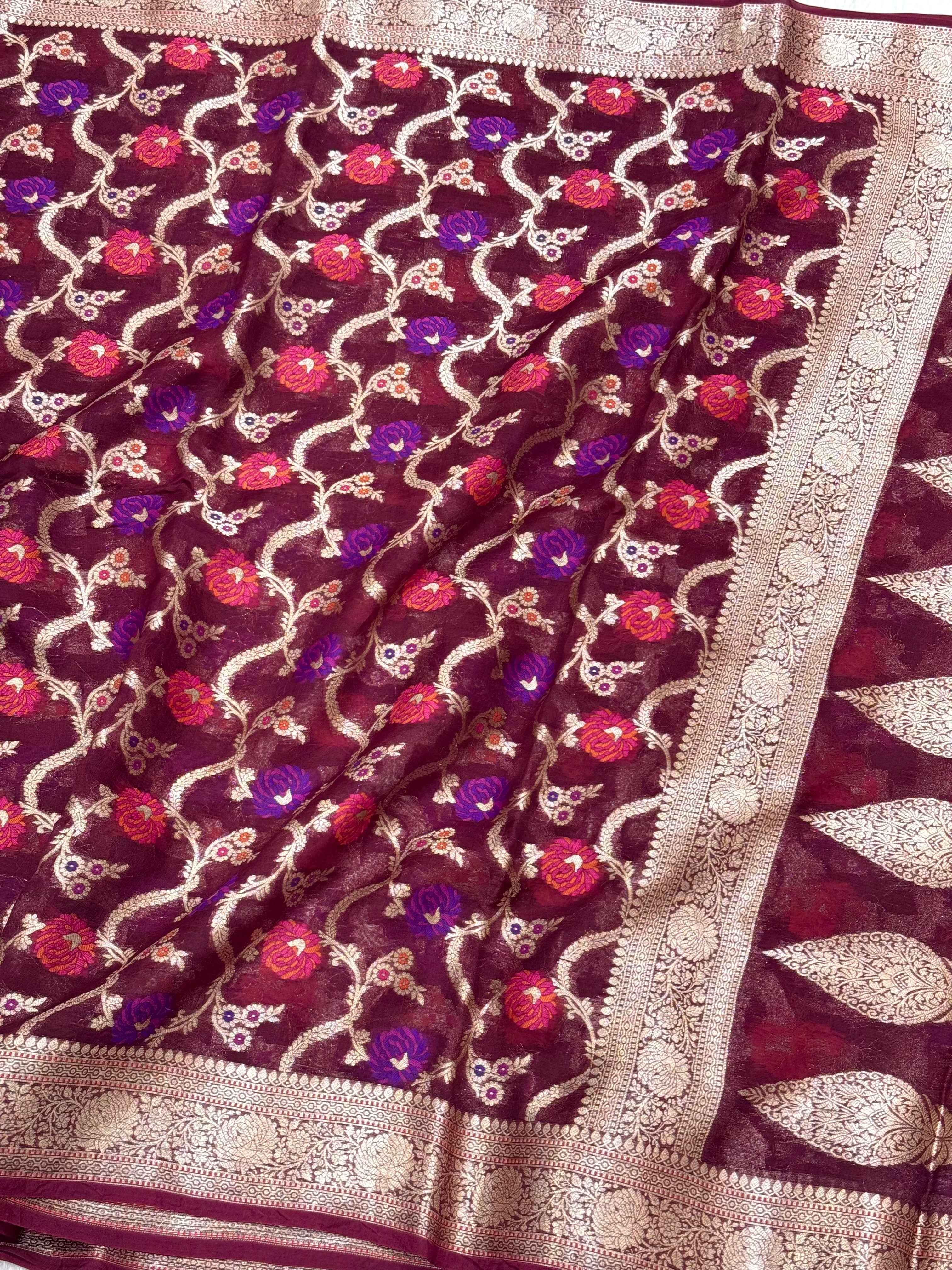 Wine Pure Kora Organza Silk Meenakari Banarasi Saree- Lightweight