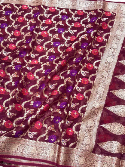 Wine Pure Kora Organza Silk Meenakari Banarasi Saree- Lightweight