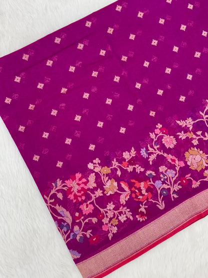 Magenta Purple Pure Muslin Cotton Jamdani Handloom Banarasi Saree |Ektara Weave|