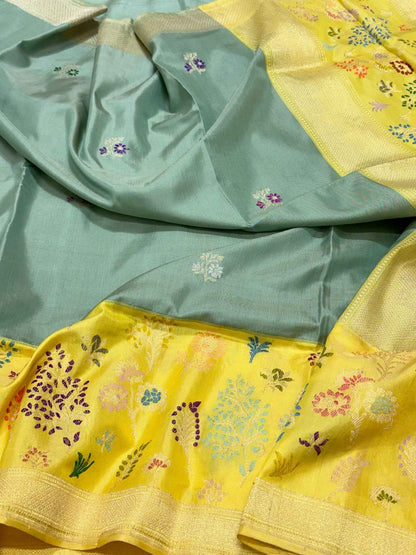 Dusty Sage Green Pure Katan Silk & Pure Mulberry Silk | Kadhwa Weave | Handwoven Banarasi Modern Saree