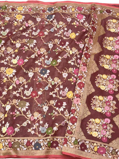 Cinnamon Brown Banarasi Handloom Saree | Pure Kora Mulberry Silk Jamdani Ektara Saree
