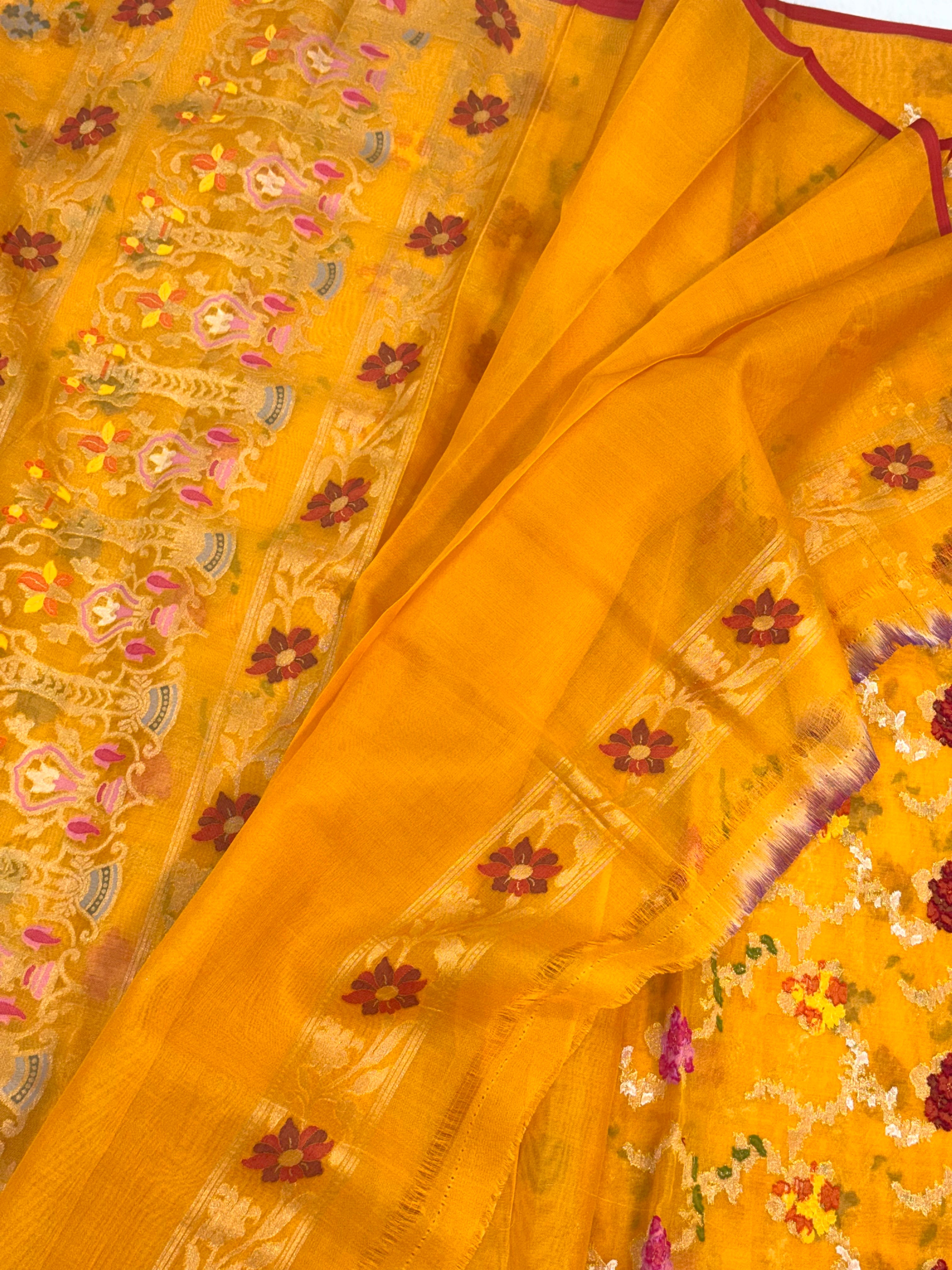 Orange Pure Kora Organza Silk Jamdani Handwoven Banarasi Saree