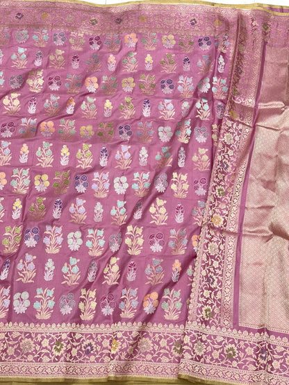 Lilac Pink Pure Banarasi Double Katan Mulberry Silk Handwoven Modern Saree | Kadhwa Technique |