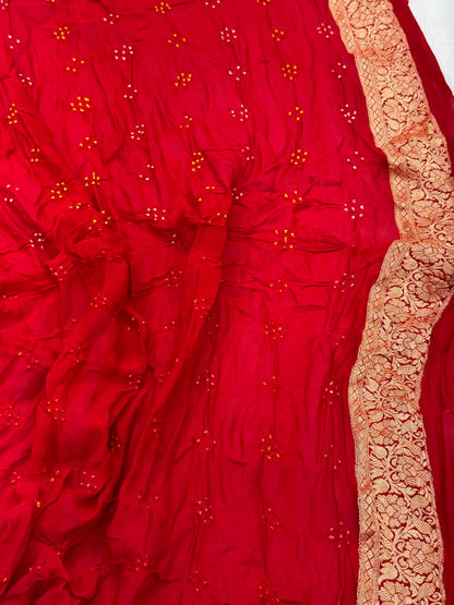 Red Pure Chiffon Georgette Soft Drape Lightweight Bandhej Saree | Handloom Contemporary Banarasi Saree