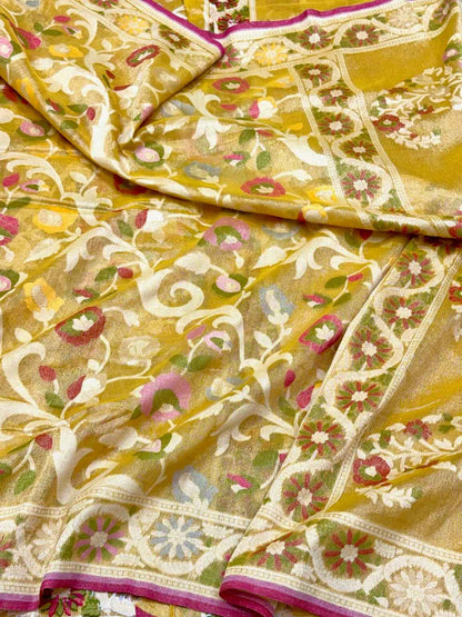 Mustard Yellow Pure Muslin Cotton Tissue Silk Jamdani Handloom Exclusive Banarasi Lightweight Saree