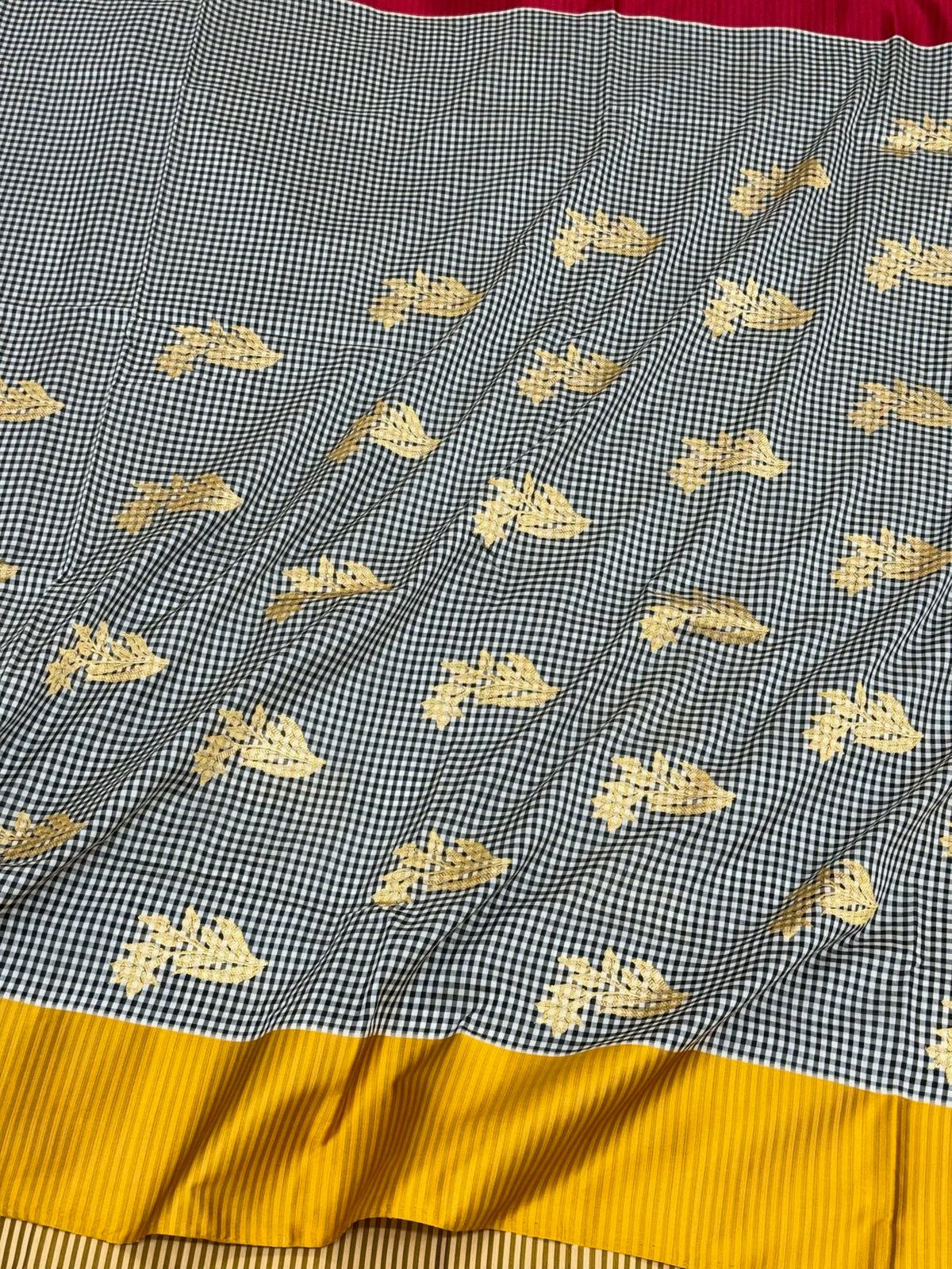 Black Pure Katan Mulberry Silk Handwoven Banarasi Saree | Kadhwa Weave Modern Contemporary Checks Saree