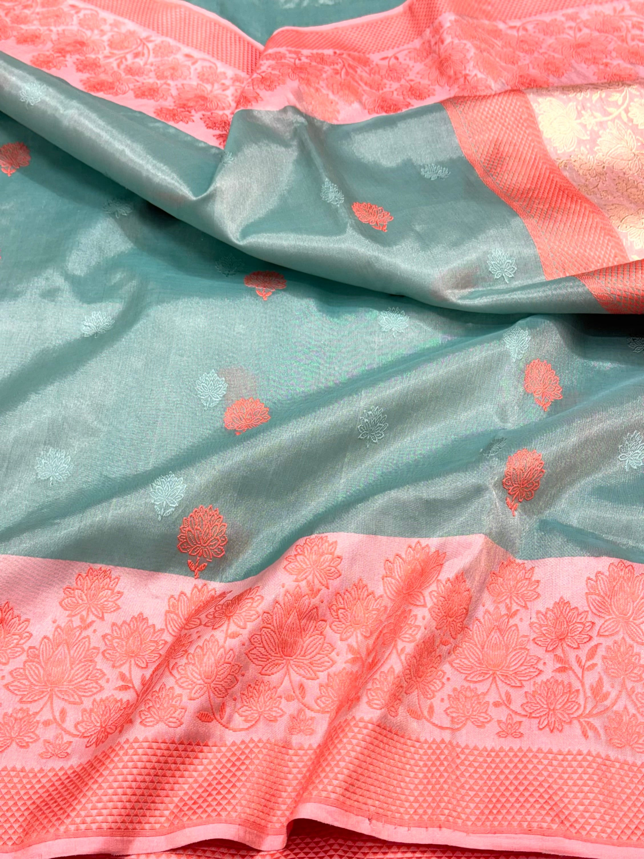 Sea Green Pure Double Katan Tissue Silk Handwoven Banarasi Saree