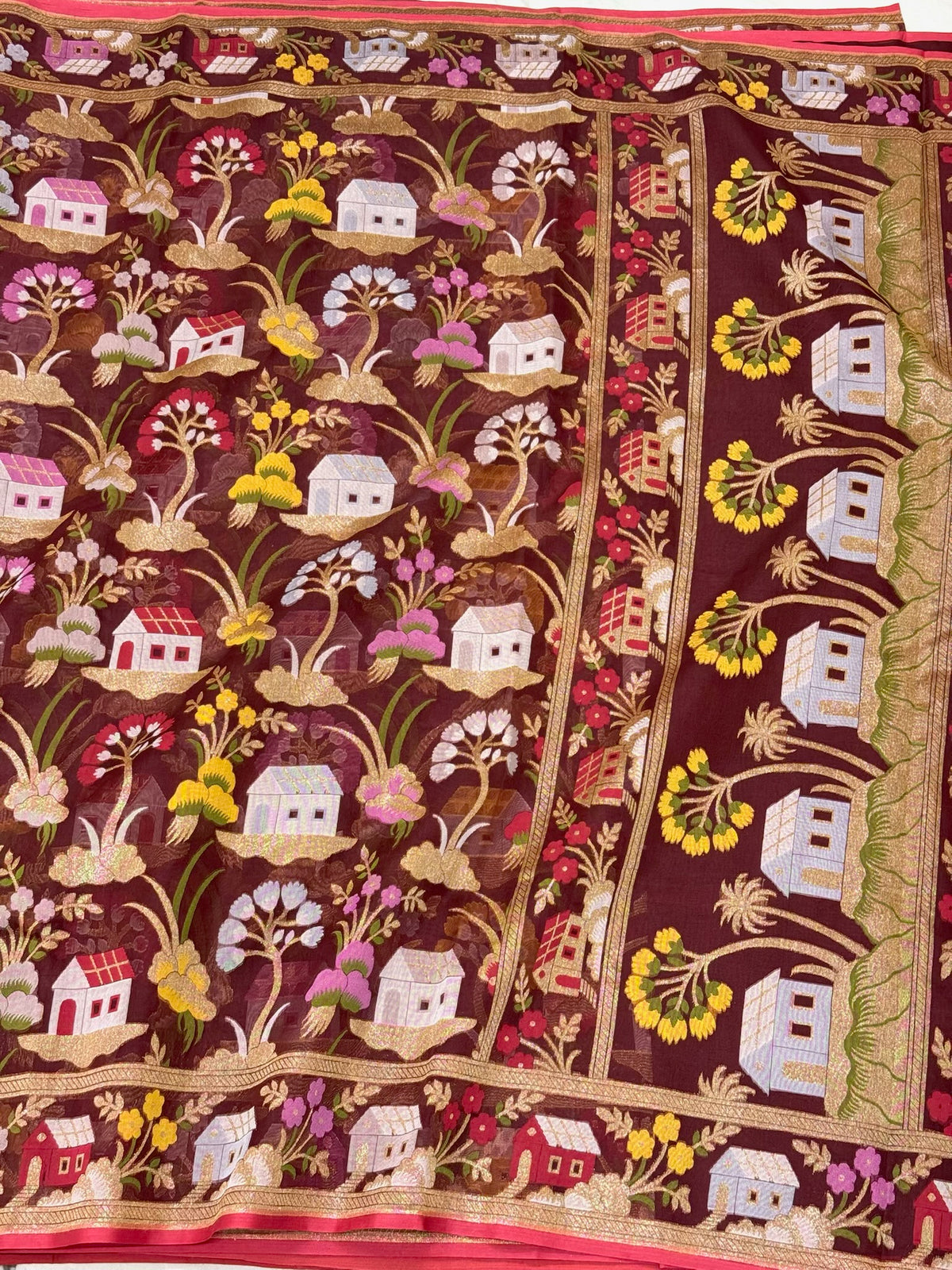Maroonish Brown Pure Mulberry Kora Silk Saree | Ektara Weave - Soft Drape & Lightweight  Handloom Jamdani Banarasi Saree