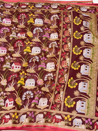 Maroonish Brown Pure Mulberry Kora Silk Saree | Ektara Weave - Soft Drape & Lightweight  Handloom Jamdani Banarasi Saree